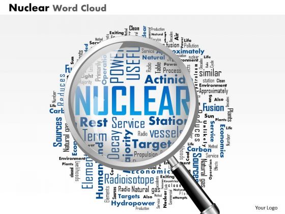 Business Diagram Nuclear Word Cloud With Magnifying Glass Highlighting Words Presentation Template