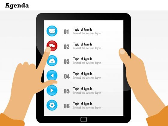 Business Diagram Tablet In Human Hands To Show Topic Of Agenda Presentation Template