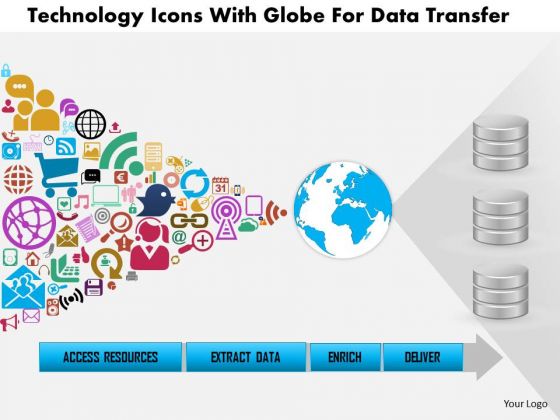 Business Diagram Technology Icons With Globe For Data Transfer Presentation Template