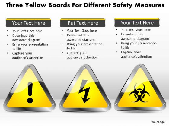 Business Diagram Three Yellow Boards For Different Safety Measures Presentation Template