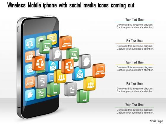 Business Diagram Wireless Mobile Iphone With Social Media Icons Coming Out Ppt Slide