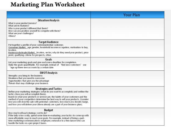 Business Framework Marketing Plan Worksheet PowerPoint Presentation