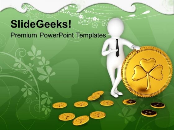 Business Man Presenting Golden Shamrock Coin PowerPoint Templates Ppt Backgrounds For Slides 0313