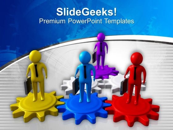 Business Men On Gears Teamwork PowerPoint Templates Ppt Backgrounds For Slides 0213