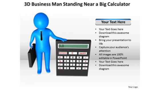 Business Men PowerPoint Templates Download Man Standing Near Big Calculator Slides