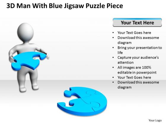 Business Model Diagram 3d Man With Blue Jigsaw Puzzle Piece PowerPoint Slides