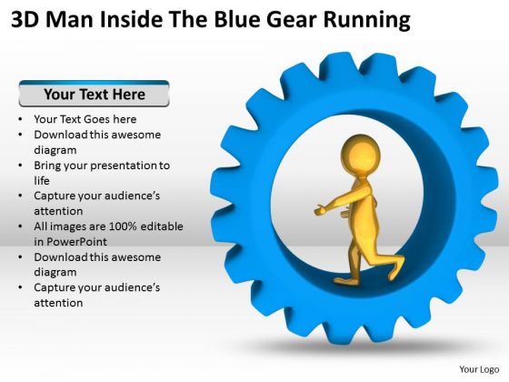 Business People 3d Man Inside The Blue Gear Running PowerPoint Templates