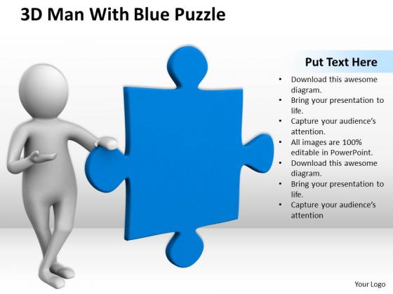 Business People 3d Man With Blue Puzzle PowerPoint Slides