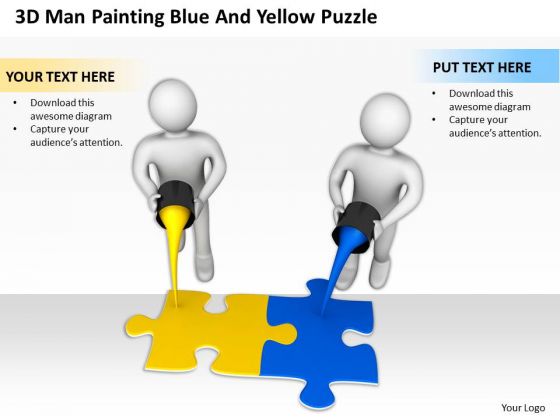 Business People Vector 3d Man Painting Blue And Yellow Puzzle PowerPoint Templates