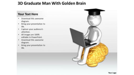 Business Persons 3d Graduate Man With Golden Brain PowerPoint Templates