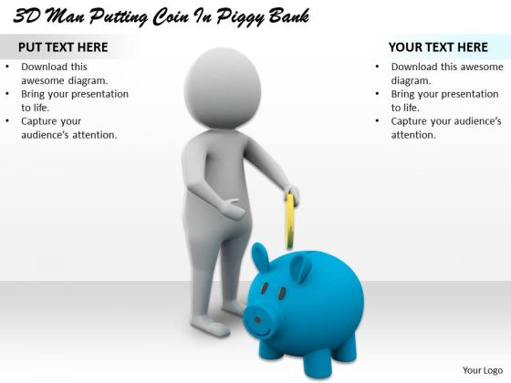 Business Plan Strategy 3d Man Putting Coin Piggy Bank Character Models
