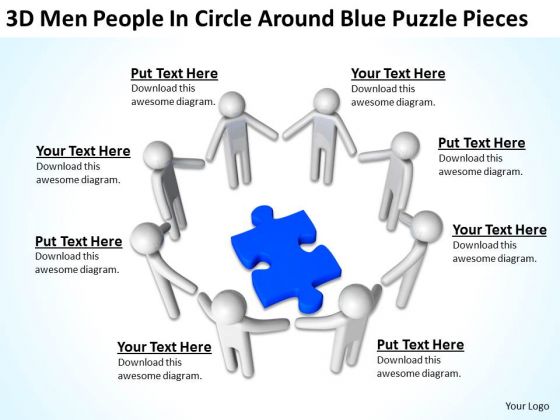Business Process Diagrams 3d Men People Circle Around Blue Puzzle Pieces PowerPoint Slides