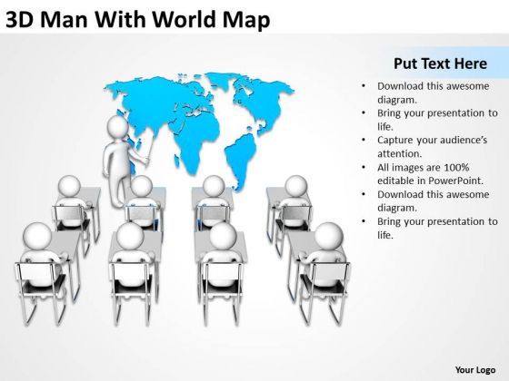 Business Process Flow 3d Man With World Map PowerPoint Templates Backgrounds For Slides
