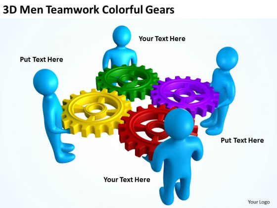 Business Process Flowchart 3d Men Teamwork Colorful Gears PowerPoint Slides