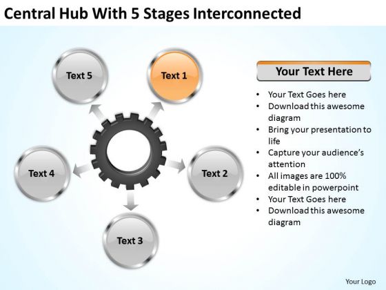 Business Strategy Development Central Hub With 5 Stages Iterconnected Unit