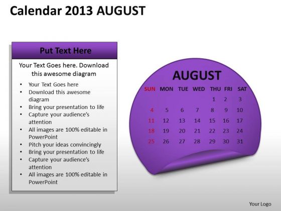 Calendar 2013 August PowerPoint Slides Ppt Templates