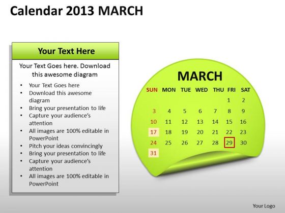 Calendar 2013 March PowerPoint Slides Ppt Templates