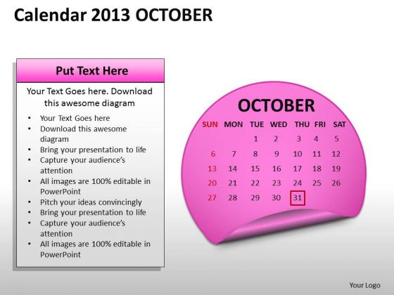Calendar 2013 October PowerPoint Slides Ppt Templates