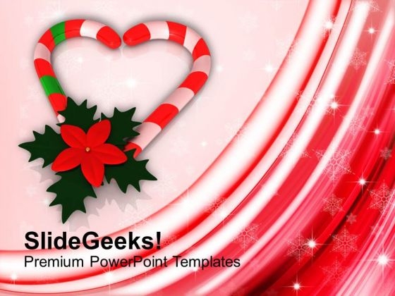 Candy Cane In Heart Shape With Red Flower PowerPoint Templates Ppt Backgrounds For Slides 1212