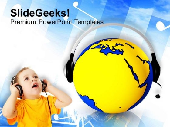 Child With Globe Headphones Internet Music PowerPoint Templates Ppt Backgrounds For Slides 0113