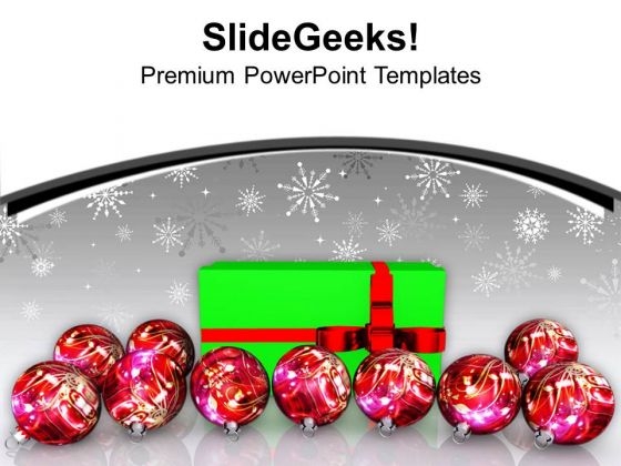 Christmas Balls And A Gift In Green Wrapping PowerPoint Templates Ppt Backgrounds For Slides 1212