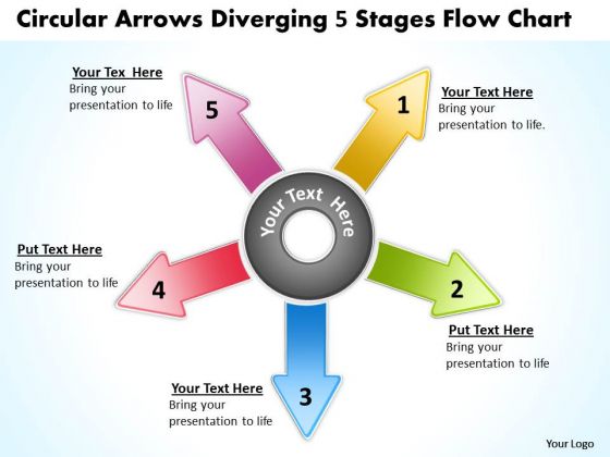 Circular Arrows Diverging 5 Stages Flow Chart Cycle PowerPoint Slides