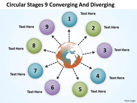 Circular Stages 9 Converging And Diverging Flow Process PowerPoint Slides