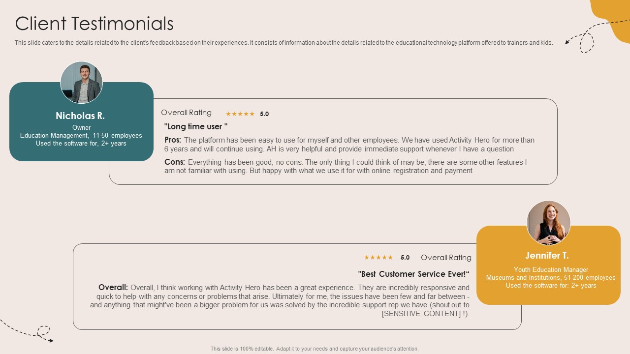 Client Testimonials Children Events Listing Investor Funding Elevator Pitch Deck