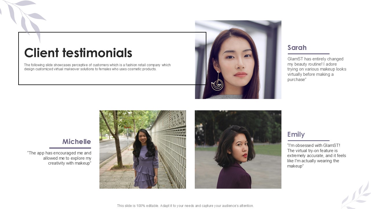 Client Testimonials Cosmetic Products Platform Investor Ppt Example