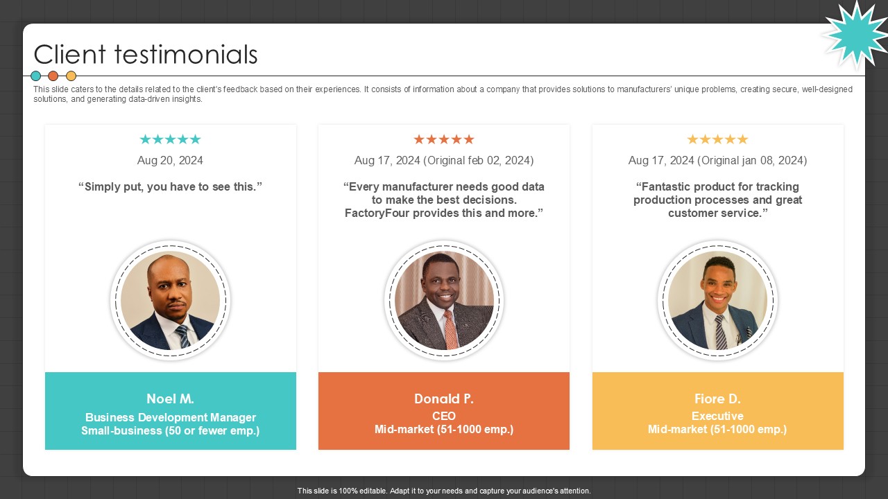 Client Testimonials Manufacturing Control Software Company Investor PPT Presentation