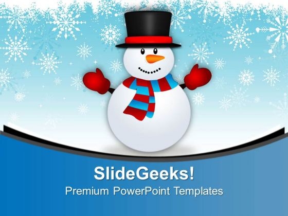Cute Snowman On Snowy Background PowerPoint Templates Ppt Backgrounds For Slides 0113