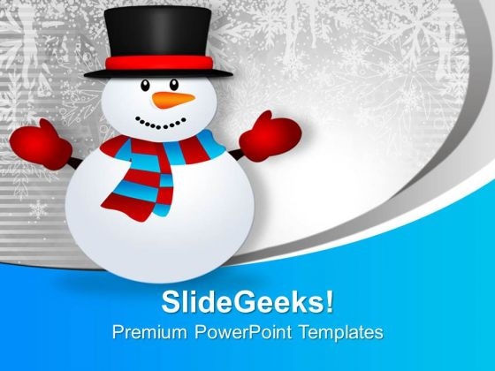 Cute Snowman On Snowy Mountain Holidays PowerPoint Templates Ppt Backgrounds For Slides 0113