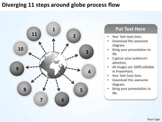 Diverging 11 Steps Around Globe Process Flow Ppt Circular Arrow Network PowerPoint Slides