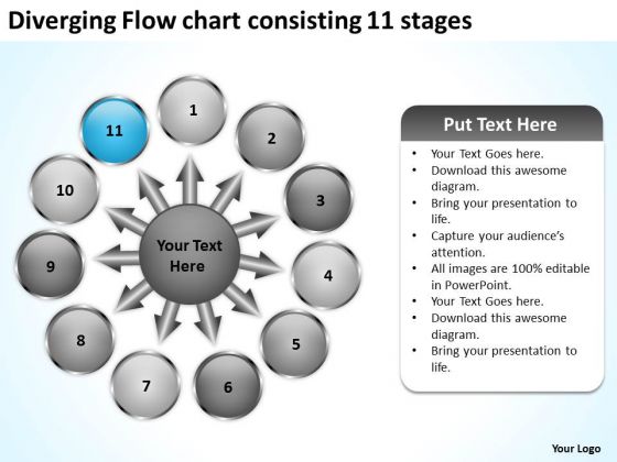 Diverging Flow Chart Consisting 11 Stages Business Circular Arrow Diagram PowerPoint Templates