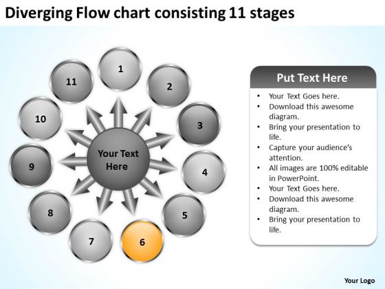 Diverging Flow Chart Consisting 11 Stages Circular Spoke Network PowerPoint Templates