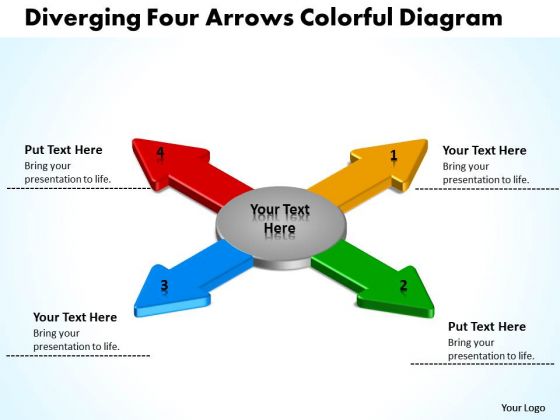 Diverging Four Arrows Colorful Flow Diagram Cycle PowerPoint Slides