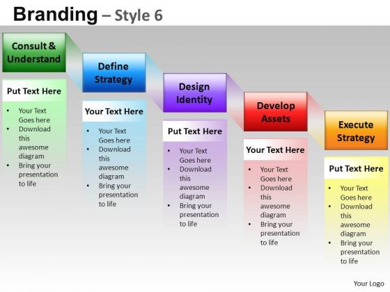 Editable Ppt Slides 5 Step Branding Process Stairs Diagram PowerPoint Templates