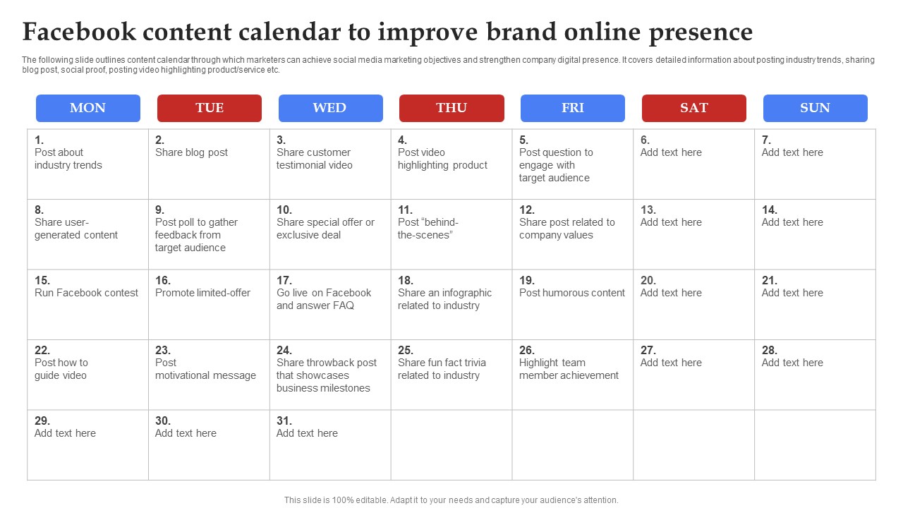 Facebook Marketing Plan Facebook Content Calendar To Improve Brand Online Strategy SS V