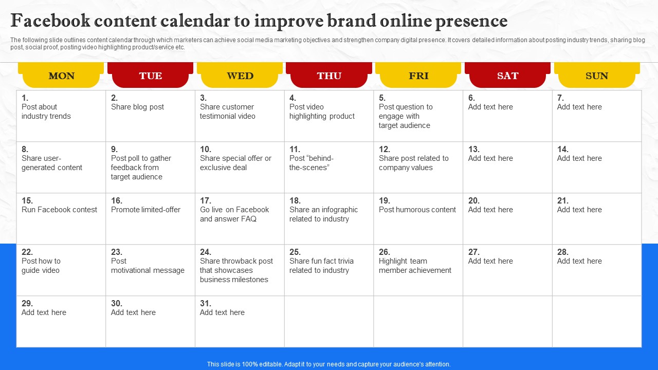 Facebook Marketing Techniques Facebook Content Calendar To Improve Brand Strategy SS V