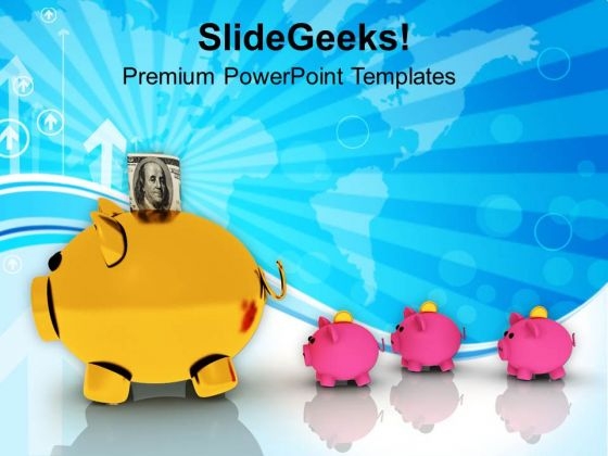 Family Of Piggy Bank With Dollar Money Savings PowerPoint Templates Ppt Backgrounds For Slides 0313