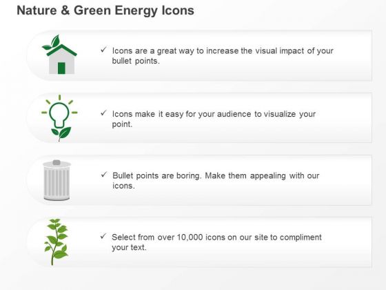 Four Energy Icons Bulb Home Dustbin And Plant Ppt Slides Graphics