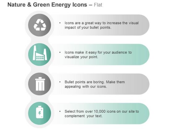 Four Energy Icons For Recycle Factory And Waste With Battery Ppt Slides Graphics