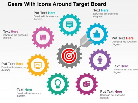Gears With Icons Around Target Board PowerPoint Templates