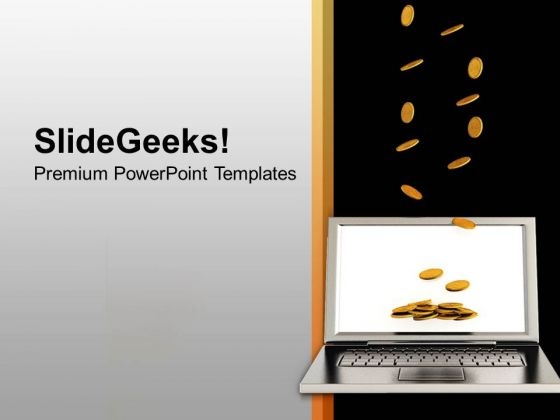 Gold Coins Falling On Laptop Finance PowerPoint Templates Ppt Backgrounds For Slides 0113