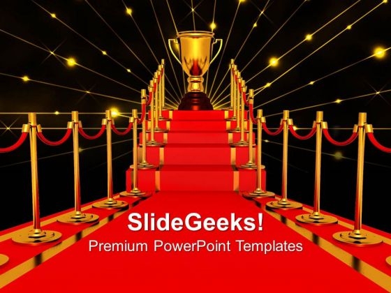 Gold Cup Of The Winner On A Red Carpet Path Award Templates And PowerPoint Themes 1012