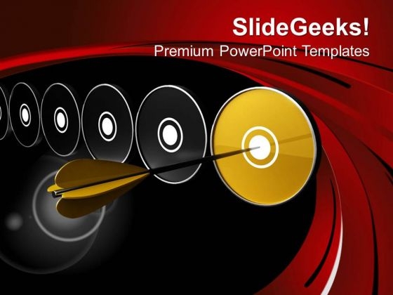Golden Arrow Hitting Golden Dart PowerPoint Templates Ppt Backgrounds For Slides 0313