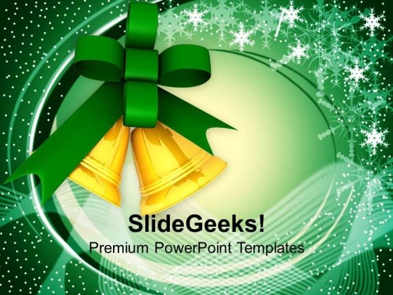Golden Bells And Green Ribbon PowerPoint Templates Ppt Backgrounds For Slides 1212