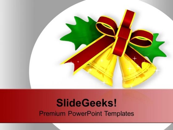 Golden Bells With Mroon Bow Green Leaf PowerPoint Templates Ppt Backgrounds For Slides 0113