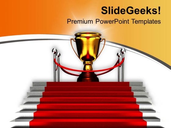 Golden Trophy On Red Carpet Success PowerPoint Templates Ppt Backgrounds For Slides 0313