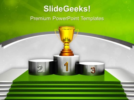 Golden Trophy On Winner Podium PowerPoint Templates Ppt Backgrounds For Slides 0313